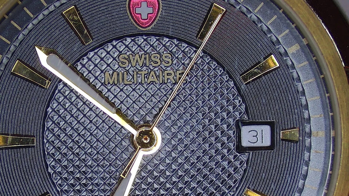 A watch dial with hour markers and hands shown in close detail