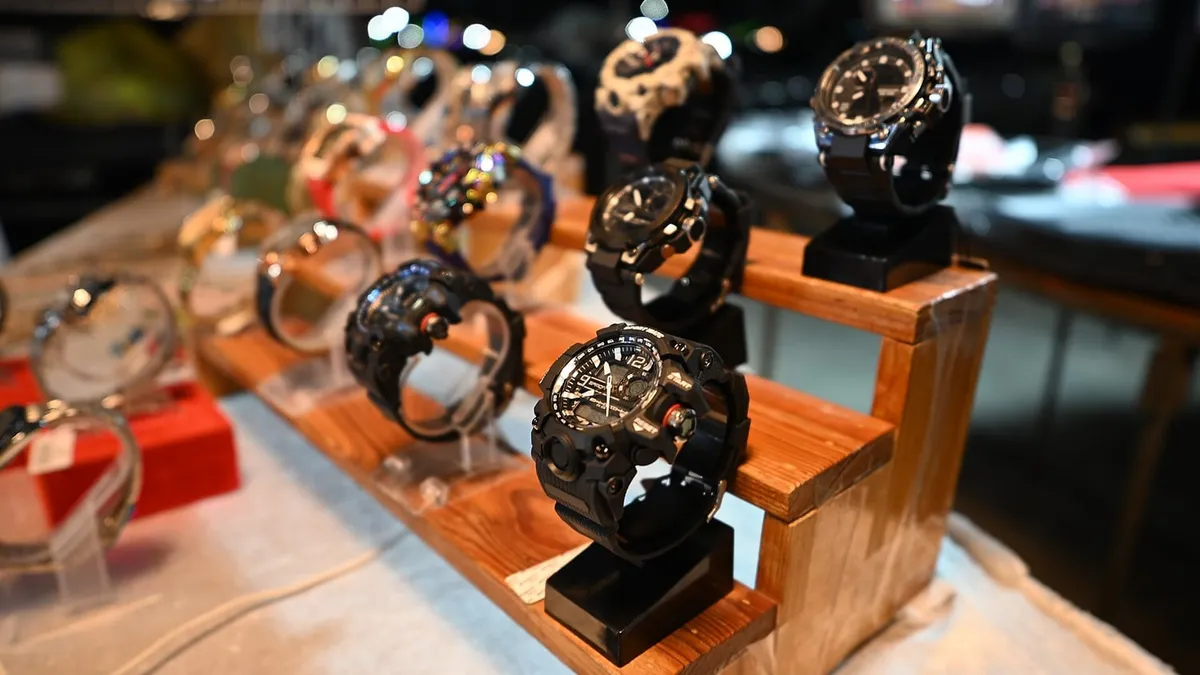 Wristwatches arranged on a wooden display stand